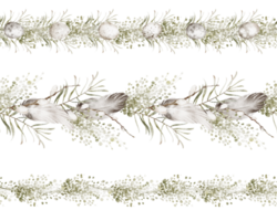 Fir branches watercolor seamless green Border. Hand-drawn Illustration of branch pattern. Drawing of Frame for Easter banner or backdrop for Christmas. Template with Spruce twigs with egg feather. png