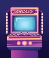 Arcade game machines isolated on black background. cartoon illustration of retro computer gaming cabinet with buttons, joystick console, coin slots, menu options text on neon display vector