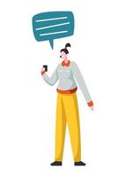 Social Networking Virtual Relationships Concept with Speech bubble. Flat People Characters Chatting via Internet Using Smartphone vector