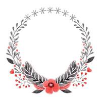 Round wreath with flower and feather in folk style. Stylized illustration in red and gray colors for wedding invitations creating. Hand drawn composition is perfect for romantic and love design. vector