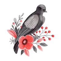Dove with flower and twig arrangement in folk style. Stylized illustration in red and gray color for wedding invitation creating. Hand drawn composition is perfect for romantic and love card design. vector