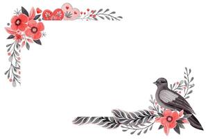 Rectangular frame with flower and copy space in folk style. Stylized illustration in red and gray colors for wedding invitation. Hand drawn composition is perfect for romantic and love designs. vector