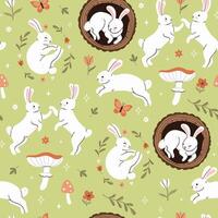 Seamless pattern with cute forest white rabbits. graphics. vector