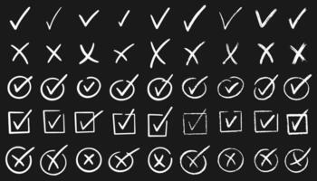 Check marks doodle set. Vote, yes, no, checkbox, checklist, tick and cross signs, v and x drawn concept. Hand drawn crayon sketch style illustration vector