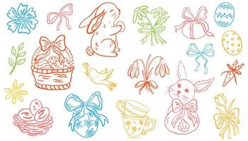 Set of doodle hand drawn elements for Easter in coquette style. Cute bunnies, bows and ribbons, flowers and leaves, basket, eggs. Vintage girly decoration. Whimsical illustrations vector