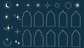 Islamic window frame shapes with star and moon elements set. Ramadan Kareem and Eid Mubarak. Arabian architecture, arches, door, stars and moon, mosque doors, mosque domes and lanterns vector