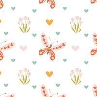 spring pattern with butterflies and tulips and hearts vector