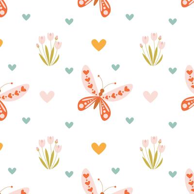 spring pattern with butterflies and tulips and hearts
