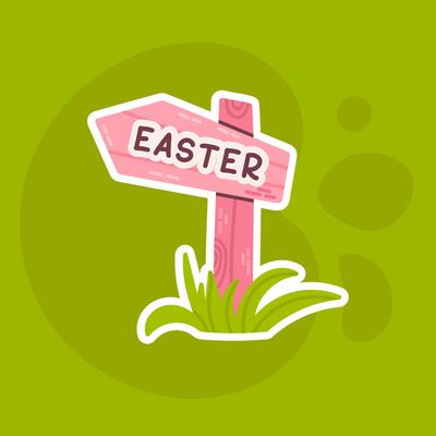 A illustration of a pink wooden Easter signpost with grass at its base on a vibrant green background.