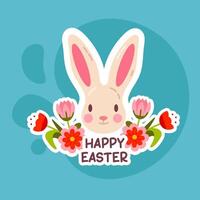 A cheerful Easter bunny with floral decorations and Happy Easter lettering on a blue background. Great for holiday cards, invitations, and digital designs. vector