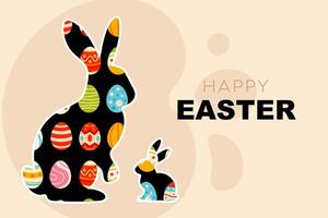 A minimalist black silhouette of an Easter bunny adorned with colorful decorated eggs on a beige background. Perfect for modern Easter-themed projects and greeting cards. vector