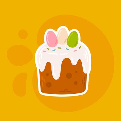A illustration of a classic Easter cake with white icing, colorful mini eggs, and sprinkles on a bright yellow background. A festive and cheerful design for holiday greetings, cards, and decor
