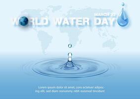 Poster's campaign of world water day with transparent drop of water falling with wording of world water day, example texts on world map pattern and blue background vector