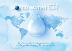 A giant water droplet with wording of event and example texts on world map in water colors style on blue paper pattern background. vector