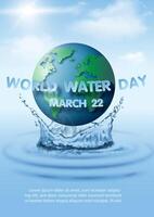 World water day poster's campaign with global in realistic drop of water falling, wording of event on sun bright blue sky and cloudscape background. vector