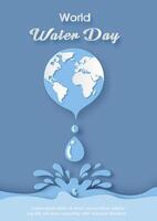 Poster's campaign of world water day with global in a water droplet shape and paper cut style, world water day's campaign wording, example texts, on blue paper pattern background. vector