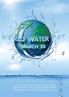 World water day poster's campaign with a realistic of water splashing around global, wording of event on sun bright blue sky and cloudscape background. vector