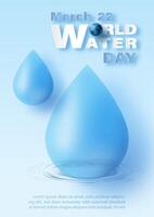 Giant water droplets with a small wave, world water day letters in paper cut style and example texts on blue background. vector