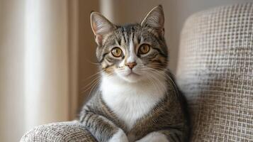 beautiful short haired cat with white and gray stripes, sitting calmly on chair, exuding serene expression photo