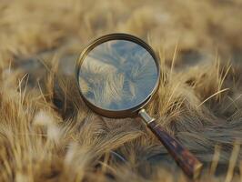 magnifying glass resting on dry grass, highlighting intricate details photo