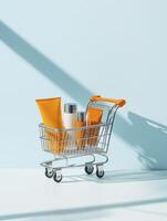 modern shopping cart filled with vibrant skincare products against light blue background creates fresh and inviting atmosphere photo