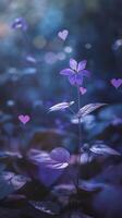 delicate purple flower stands tall in serene forest, surrounded by lush greenery and soft bokeh lights, evoking sense of tranquility and beauty photo