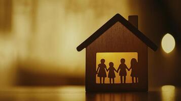 wooden house silhouette with family holding hands, symbolizing love and togetherness photo