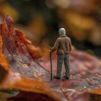 old man figurine with walking stick stands on large autumn leaf, surrounded by vibrant fall colors, evoking sense of nostalgia photo