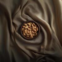 wooden bowl filled with almonds rests on soft, brown fabric, creating warm and inviting atmosphere photo