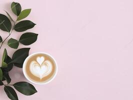 cup of latte with heart shaped foam art beside green leaves on pink background. This cozy scene evokes warmth and comfort photo