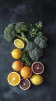 Fresh fruits and vegetables rich in Vitamin C, including lemons, oranges, and broccoli, arranged artistically photo