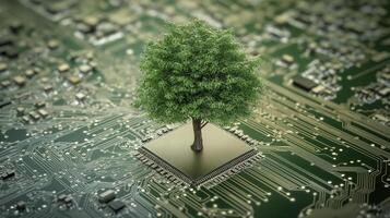 a tree growing on electronic circuit board symbolizes nature and technology photo