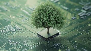 a green tree growing on electronic circuit board photo