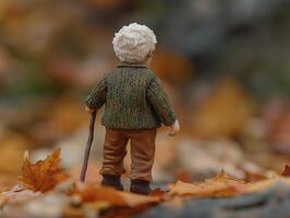old man figurine with brown pants and walking stick stands among autumn leaves, evoking sense of nostalgia and tranquility photo