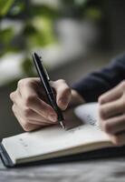 person is writing in open notebook with black pen, capturing thoughts and ideas. serene environment enhances focus and creativity photo