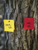 Two colorful post it notes on tree trunk, one yellow and one red, both with text me, us photo