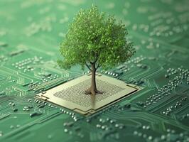 tree growing on electronic circuit board symbolizes nature and technology photo
