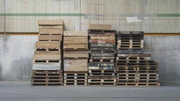 Stack of wooden pallets with cardboard boxes in warehouse setting, showcasing organized storage and industrial efficiency photo