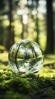 glass sphere reflecting serene forest scene with green moss photo