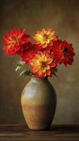 ceramic vase holds vibrant red and yellow dahlia flowers, creating warm and inviting atmosphere photo