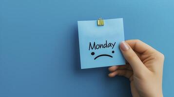 Hand holding blue sticky note with sad face emoji and Monday text, expressing feelings about start of week photo