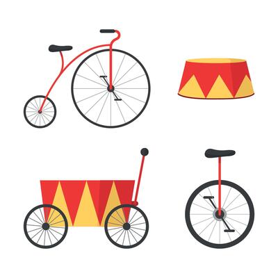Set of icons of circus equipment for performances. Pedestal, bicycle, unicycle, cart. Circus art.