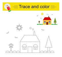 Trace and color for children. Preschool worksheet for practicing fine motor skills. Cartoon house, trees. vector