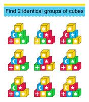 Puzzle game for kids. Need to find two identical groups of cubes. Task for development of attention and logic. illustration vector
