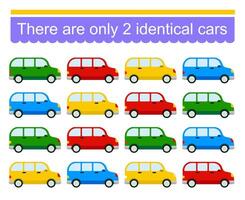 Fun puzzle game. Need to find two identical cars. Task for development of attention and logic. illustration vector