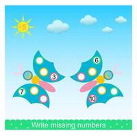 Math activity for kids. Write missing numbers. Developing numeracy skills. illustration vector