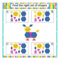Logic puzzle for children. Find the correct set of cartoon animal. Preschool worksheet activity. Answer is D. vector