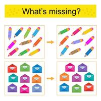 Puzzle game for kids. Task for the development of attention and logic. Find the missing pencil and envelope. vector