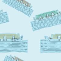 Editable Outline Style Side View Indian Kerala Houseboat Vectorized Illustration on Wavy Lake Seamless Pattern for Creating Background of Transportation or Recreation of Southwestern India vector
