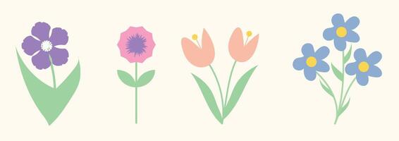 Minimalist spring floral illustration with colorful hand drawn flowers in a simple and modern design. Floral poster, invitation. compositions for greeting card. vector